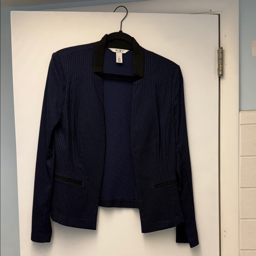 White House Black Market Navy Textured Open Blazer with Black Trim